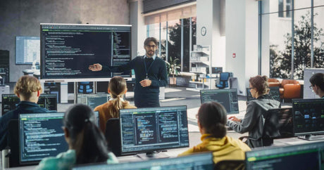 A teacher instructs students in a tech classroom with computers and screens.