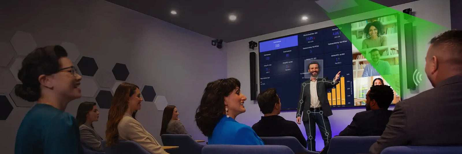 A presentation in progress with audience observing a screen.