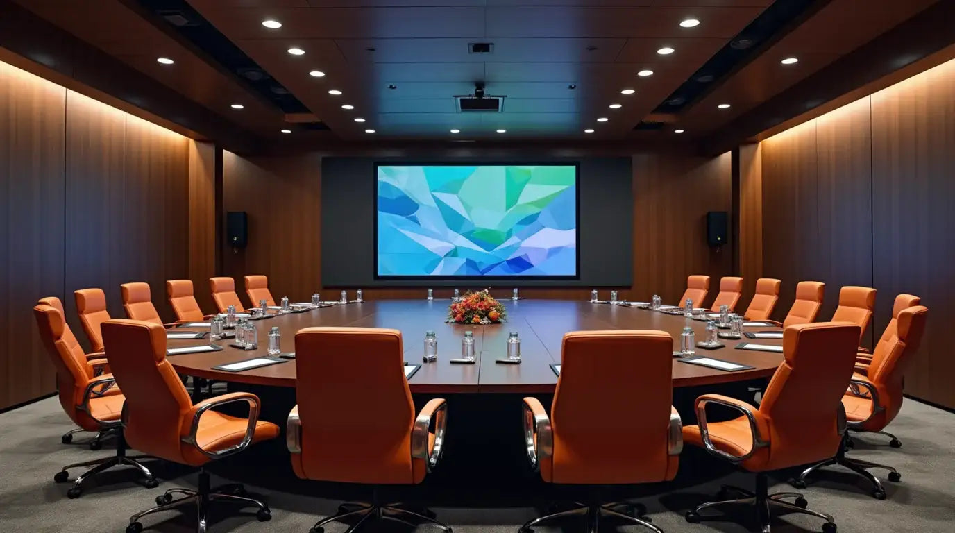 A modern conference room with orange chairs and a large screen.