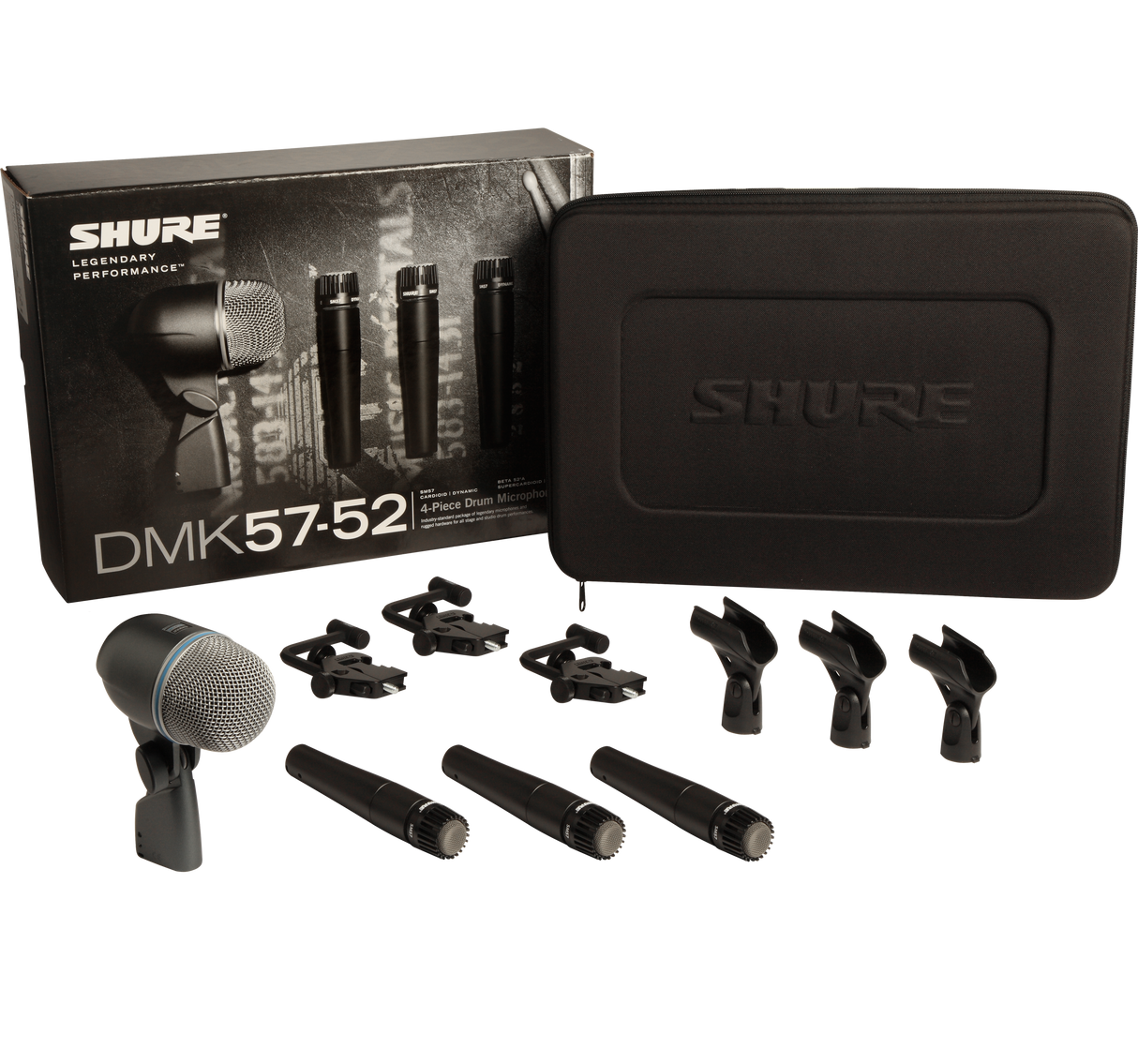 Shure DMK57-52 Drum Microphone Kit, includes 3 SM57 Microphones, one BETA 52A Microphone, three A56D Drum-mounting Systems, and a Carrying Case Microphones Shure