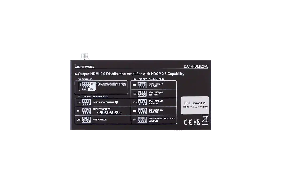 LightWare DA4-HDMI20-C 1 input 4 output HDMI 2.0 distribution amplifier with EDID Management and Pixel Accurate Reclocking Video Transmitters LightWare