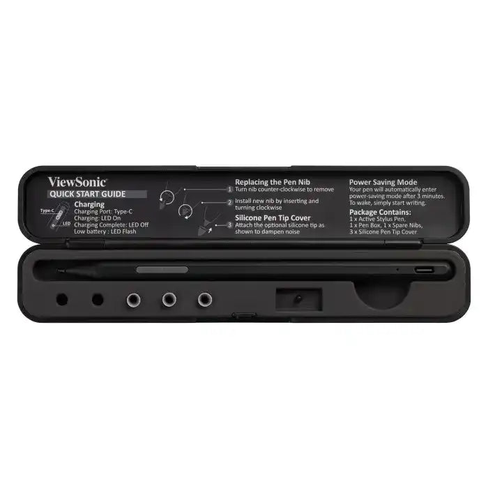 ViewSonic ACP302-B0WW Active Capacitive Pen - MPP 2.0 Technology, 4096 Pressure Levels, 50° Tilt Support, 2 Buttons, Replaceable Hard Nib, USB-C Rechargeable, Black ViewSonic