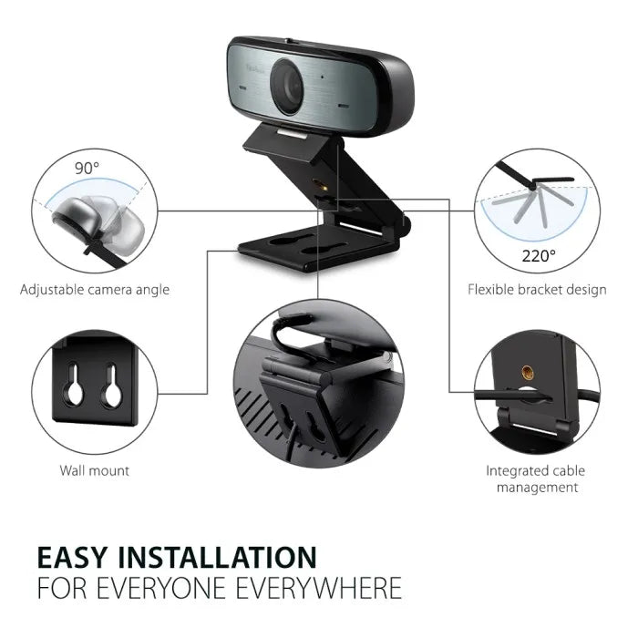 ViewSonic VB-CAM-002 Full HD 1080p USB Webcam with 90° FOV, Stereo Microphone, Privacy Shutter, 3-in-1 Mount ViewSonic