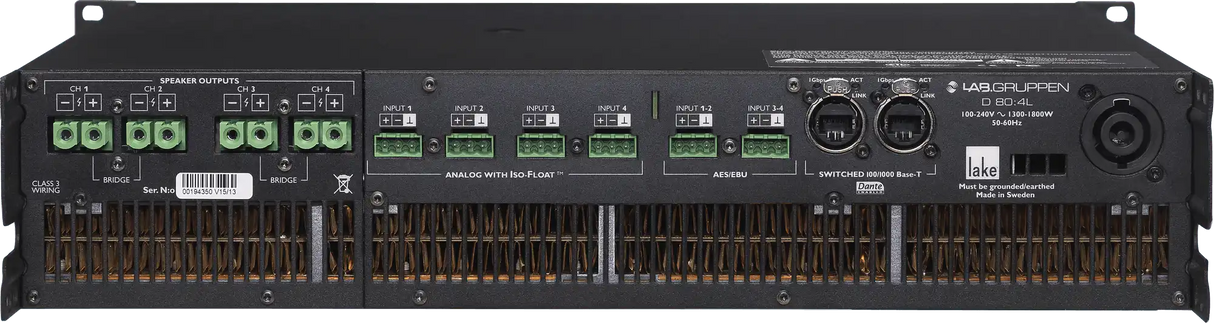 Lab Gruppen D SERIES LAKE D D 80:4L 8000W Amplifier with 4 Flexible Output-Channels, Lake Digital Signal Processing and Digital Audio Networking for Installation Applications Audio Amplifiers Lab Gruppen