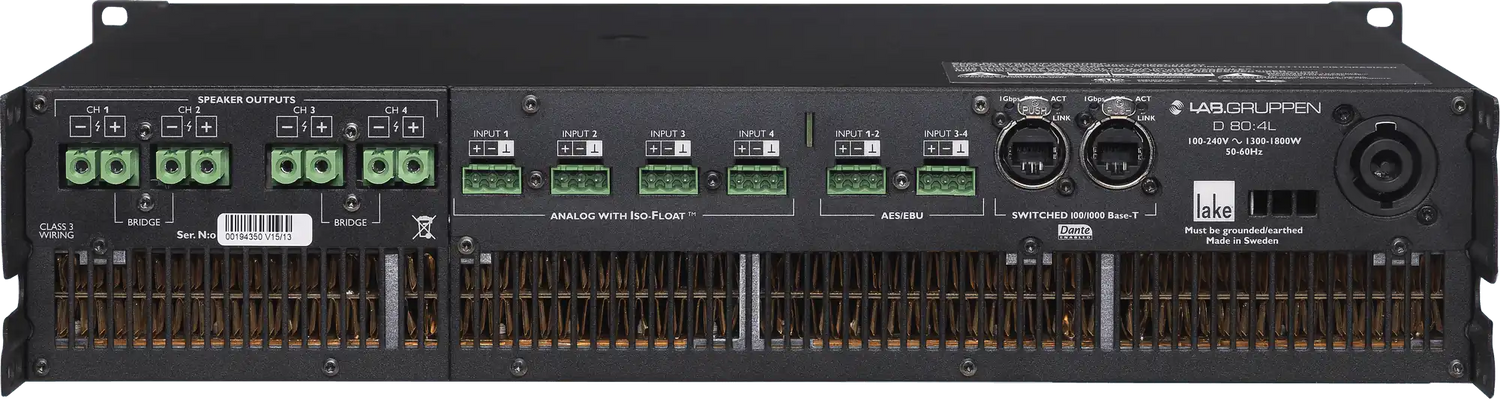 Lab Gruppen D SERIES LAKE D D 80:4L 8000W Amplifier with 4 Flexible Output-Channels, Lake Digital Signal Processing and Digital Audio Networking for Installation Applications Audio Amplifiers Lab Gruppen