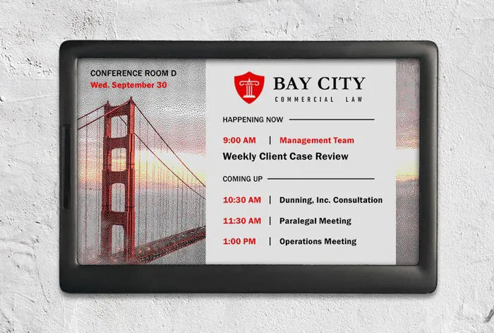 EPS 74 ePaper sign displaying room schedule and booking status