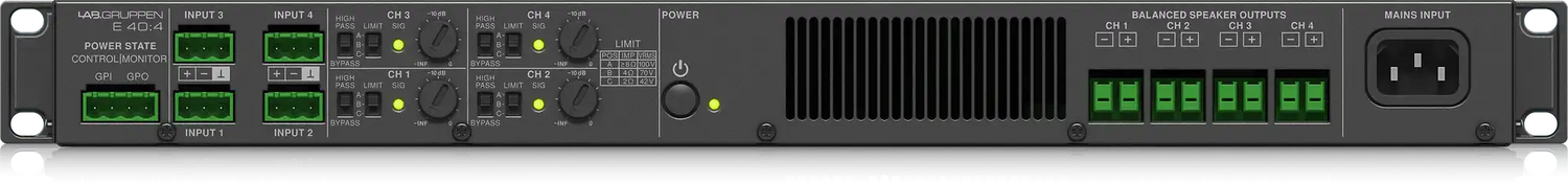 Lab Gruppen E 40:4 4,000 Watt Amplifier with 4 Flexible Output Channels for Installation Applications Audio Amplifiers Lab Gruppen