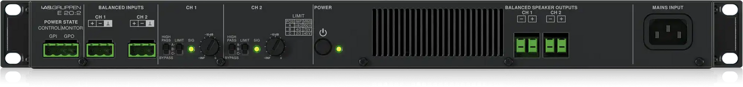 Lab Gruppen E 20:2 2,000 Watt Amplifier with 2 Flexible Output Channels for Installation Applications Audio Amplifiers Lab Gruppen