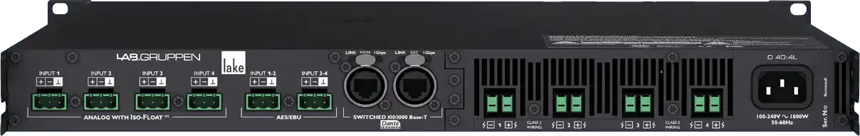 Lab Gruppen D SERIES LAKE D D 40:4L 4000W Amplifier with 4 Flexible Output-Channels, Lake Digital Signal Processing and Digital Audio Networking for Installation Applications Audio Amplifiers Lab Gruppen