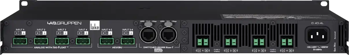 Lab Gruppen D 40:4L 4000W Amplifier with 4 Flexible Output-Channels, Lake Digital Signal Processing and Digital Audio Networking for Installation Applications Audio Amplifiers Lab Gruppen