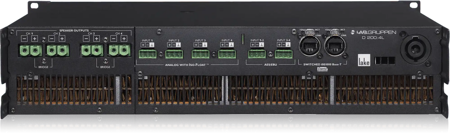 Lab Gruppen D SERIES LAKE D 200:4L 20,000W Amplifier with 4 Flexible Output-Channels, Lake Digital Signal Processing and Digital Audio Networking for Installation Applications Audio Amplifiers Lab Gruppen
