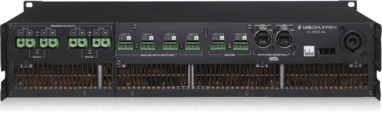 Lab Gruppen D SERIES LAKE D 200:4L 20,000W Amplifier with 4 Flexible Output-Channels, Lake Digital Signal Processing and Digital Audio Networking for Installation Applications Audio Amplifiers Lab Gruppen