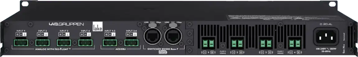 Lab Gruppen D SERIES LAKE D 20:4L 2000W Amplifier with 4 Flexible Output-Channels, Lake Digital Signal Processing and Digital Audio Networking for Installation Applications Audio Amplifiers Lab Gruppen