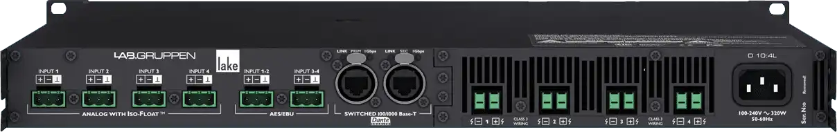 Lab Gruppen D SERIES LAKE D 10:4L 1000W Amplifier with 4 Flexible Output-Channels, Lake Digital Signal Processing and Digital Audio Networking for Installation Applications Audio Amplifiers Lab Gruppen