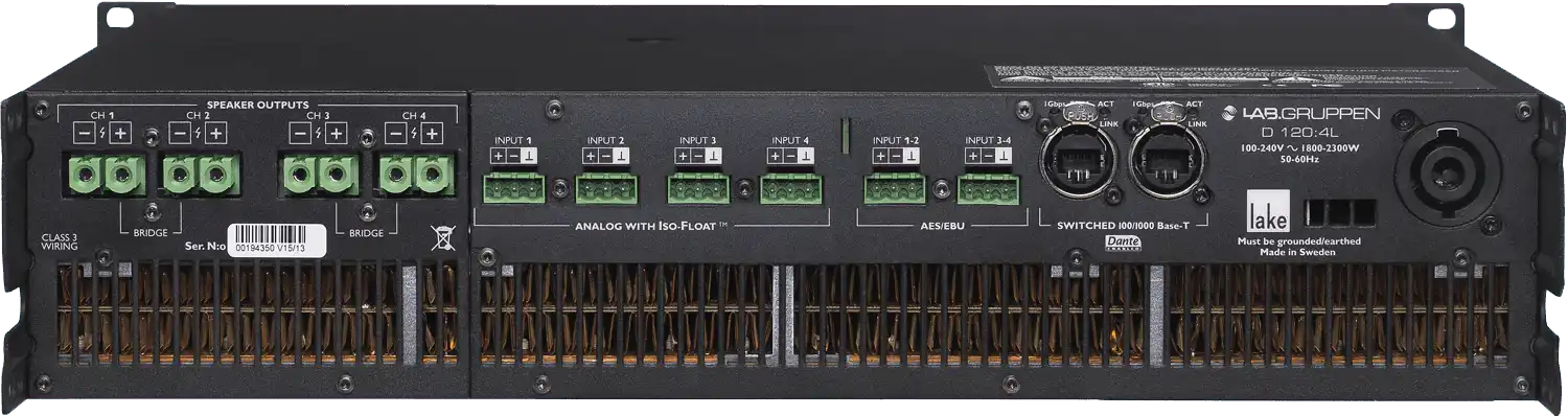 Lab Gruppen D SERIES LAKE D 120:4L 12,000W Amplifier with 4 Flexible Output-Channels, Lake Digital Signal Processing and Digital Audio Networking for Installation Applications Audio Amplifiers Lab Gruppen