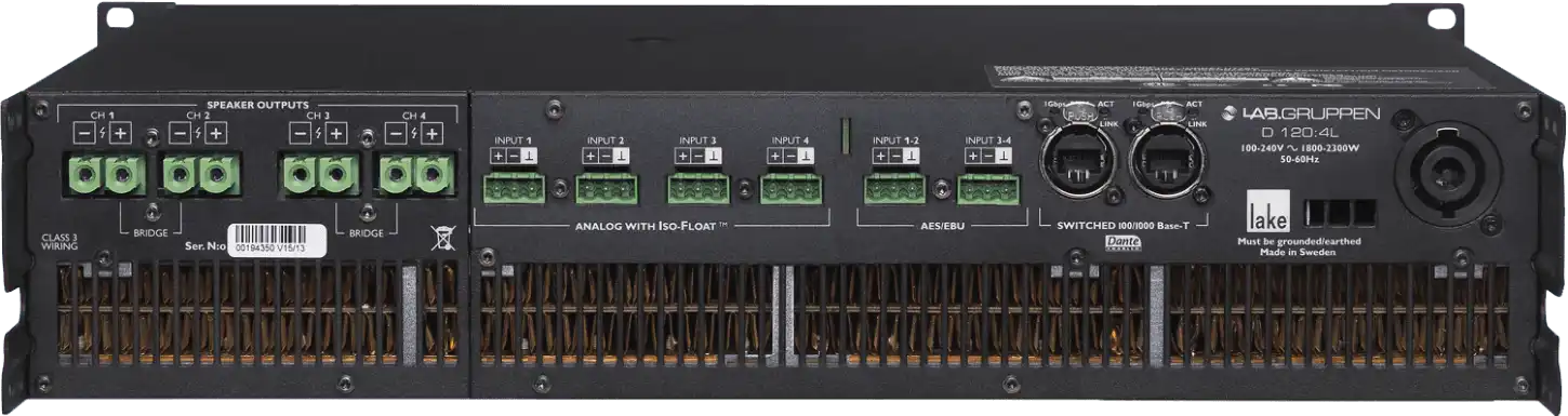 Lab Gruppen D SERIES LAKE D 120:4L 12,000W Amplifier with 4 Flexible Output-Channels, Lake Digital Signal Processing and Digital Audio Networking for Installation Applications Audio Amplifiers Lab Gruppen