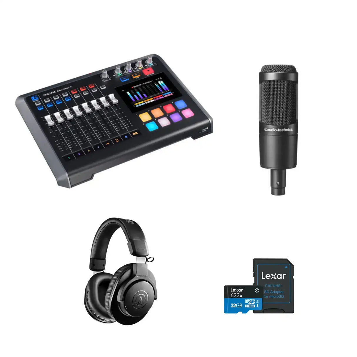 TASCAM Mixcast 4 Four-Person Podcast Kit with Mixer-Recorder, Microphones, Headphone, Mic Stands, and Cables Audio Players & Recorders Tascam