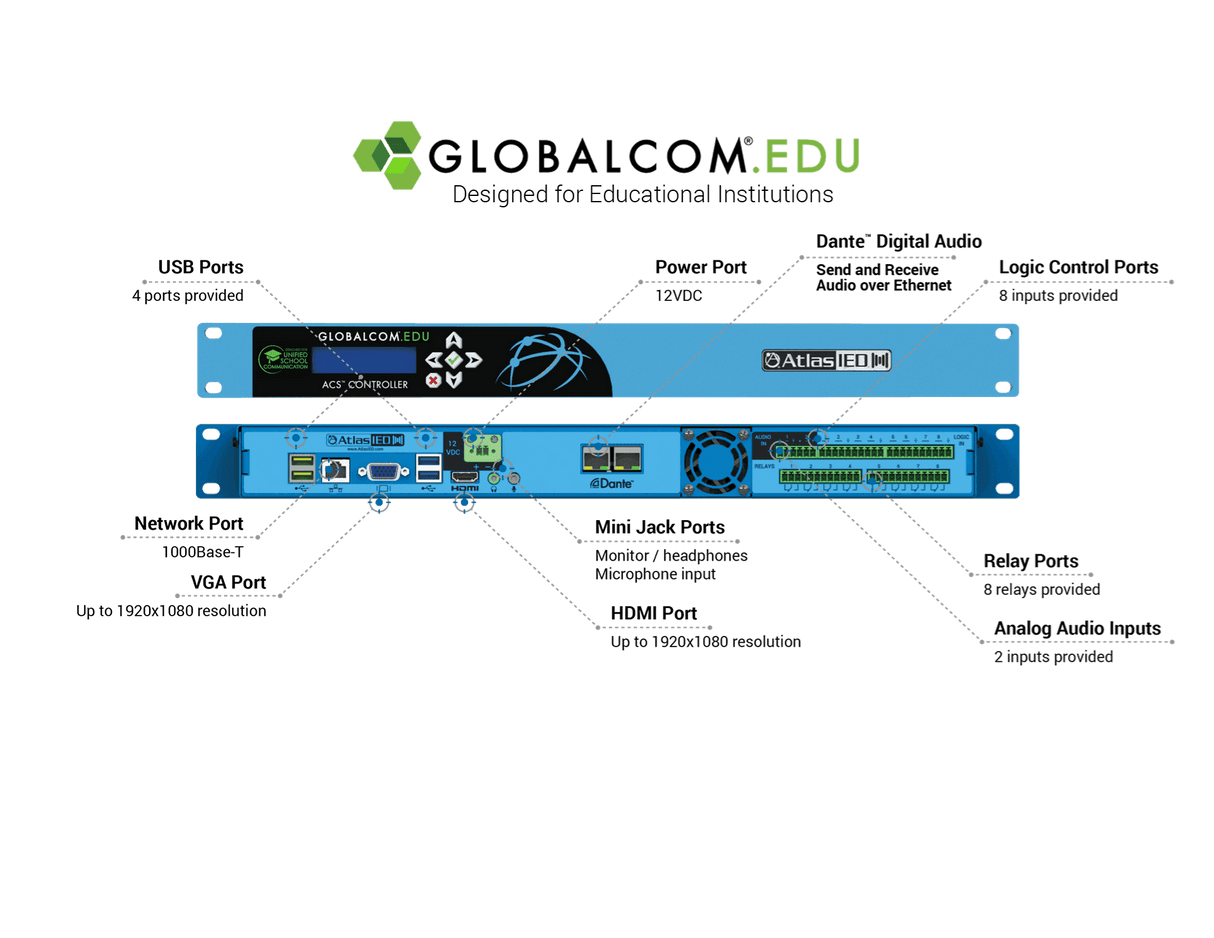 Atlas Sound IP108-D-EDU-CS GLOBALCOM®.EDU Announcement Control System with 8 Dante™ Message Channels Intercoms AtlasIED