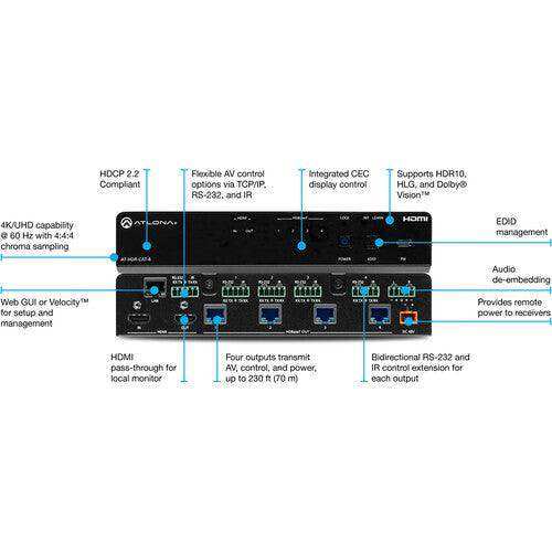 Atlona 4-Output 4K HDR HDMI to HDBaseT Distribution Amplifier - AT-HDR-CAT-4 Video Atlona