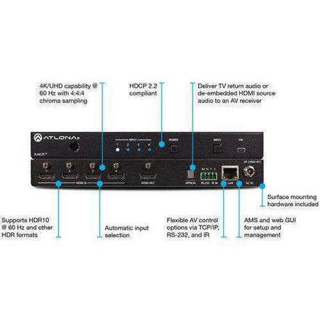 Atlona 4K HDR Four-Input HDMI Switcher with Auto-Switching - AT-JUNO-451 Video Transmitters Atlona