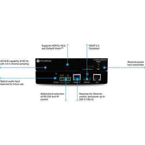 Atlona 4K HDR HDBaseT Receiver with Control, Ethernet, and Remote Power - AT-HDR-EX-100CEA-RX Video Transmitters Atlona