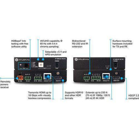 Atlona 4K HDR Transmitter and Receiver Set with IR, RS-232, and PoE - AT-HDR-EX-70C-KIT Video Transmitters Atlona