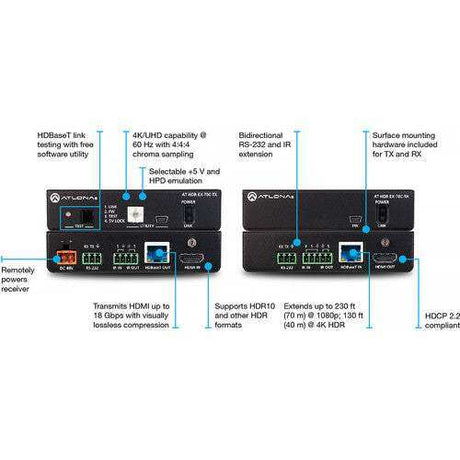 Atlona AT-HDR-EX-70C-TX 4K HDR Transmitter with IR, RS-232, Ethernet & PoE (230') Video Transmitters Atlona