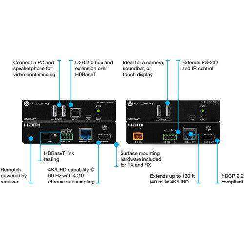 Atlona Omega 4K/UHD HDMI/USB-over-HDBaseT Lite Extender Kit (230') - AT-OME-EX-KIT-LT Video Transmitters Atlona