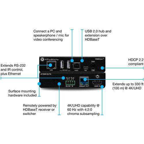 Atlona Omega 4K/UHD HDMI/USB over HDBaseT Transmitter (330') - AT-OME-EX-TX Video Transmitters Atlona