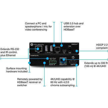 Atlona Omega 4K/UHD HDMI/USB over HDBaseT Transmitter (330') - AT-OME-EX-TX Video Transmitters Atlona