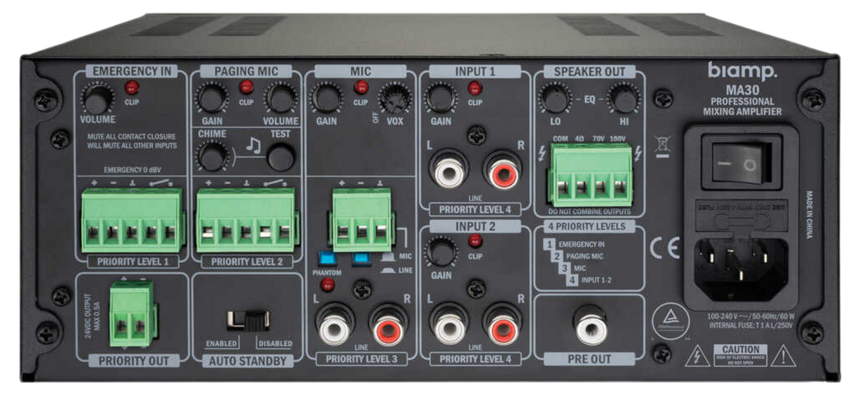 Biamp Commercial MA30 9.5-inch mixing amplifier 30W, 70/100V, with 1 mic/line input, 2 stereo line inputs - 911.0661.900 Audio Amplifiers Biamp
