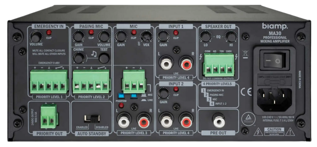 Biamp Commercial MA30 9.5-inch mixing amplifier 30W, 70/100V, with 1 mic/line input, 2 stereo line inputs - 911.0661.900 Audio Amplifiers Biamp