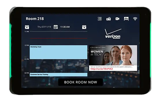 Connect room sign displaying today's meeting schedule with resource icons