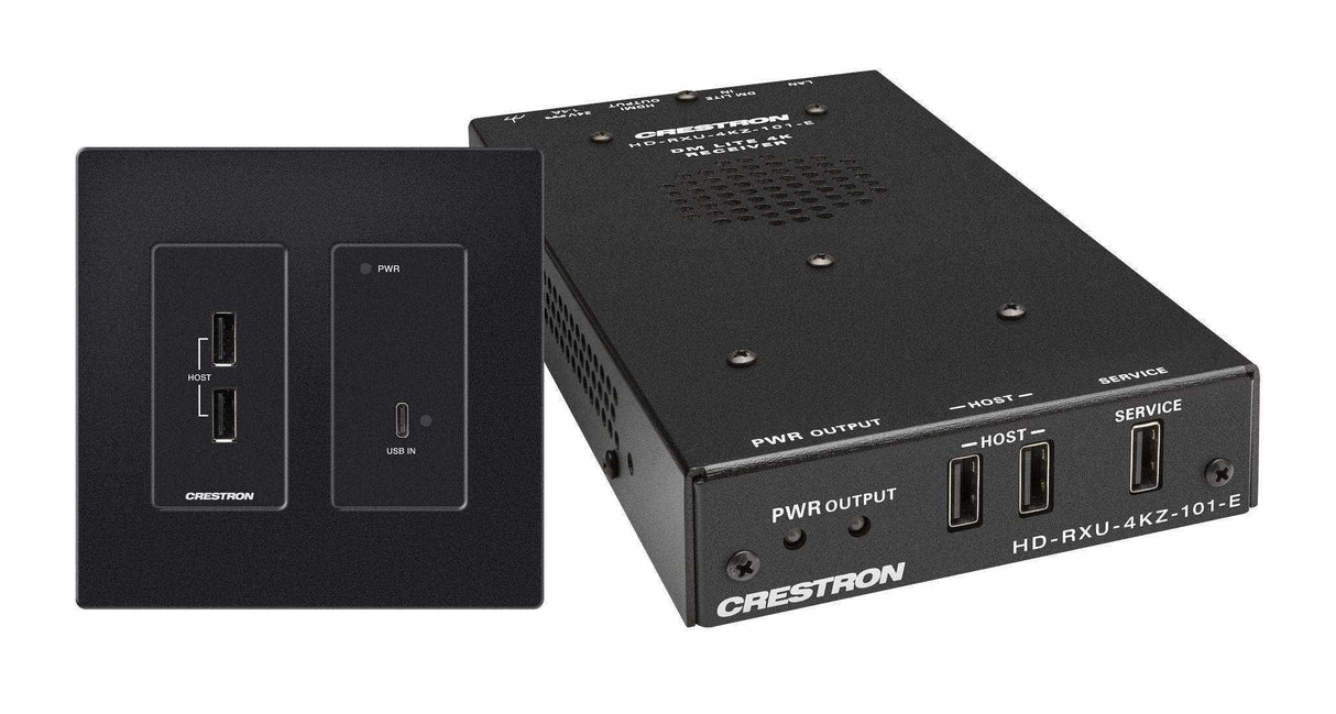 Crestron 4K60 4:4:4 DM® Essentials Transmitter Receiver Pair for USB‑C® DisplayPort™, and USB 2.0 Signal Extension over CATx Cable, Wall Plate (Black) - DM-EXT-2011-2G-B KIT Electronics Crestron