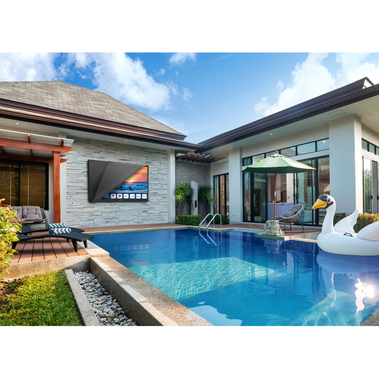 Peerless-AV SODC753 Neptune dust cover installed on a 75-inch outdoor TV