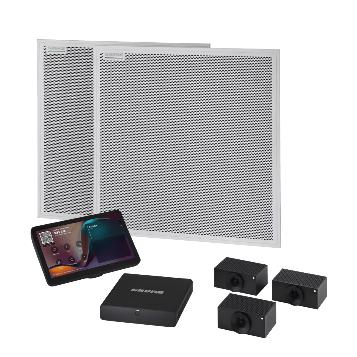 Shure IMXRK80 IntelliMix Room Kit 80, Includes (2) Shure MXA902 Ceiling Microphone + Speaker, (3) Huddly L1 Networked Camera, IntelliMix Compute, IntelliMix Touch Panel, and Network Switch Shure