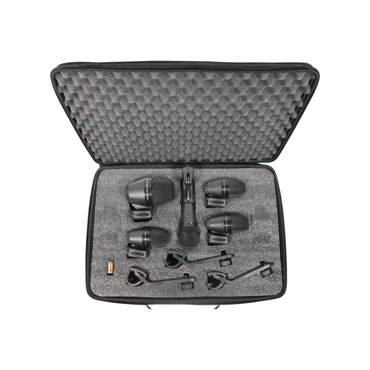 Shure PGADRUMKIT5 5-piece drum mic kit including 1-PGA52, 3-PGA56, 1-PGA57, 1-A25D stand adapter, 3-AP56DM drum mounts, 5 XLR-XLR cables, case Microphones Shure