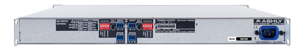 ASHLY NX752 Multi-Mode Power Amplifier 2 x 75 Watts @ 2/4/8 Ohms or 25V/70V Amplifiers Ashly
