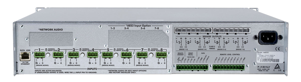ASHLY NE8250 Network Power Amplifier 8 x 250W @ 4 Ohms, 150W @ 8 Ohms Amplifiers Ashly