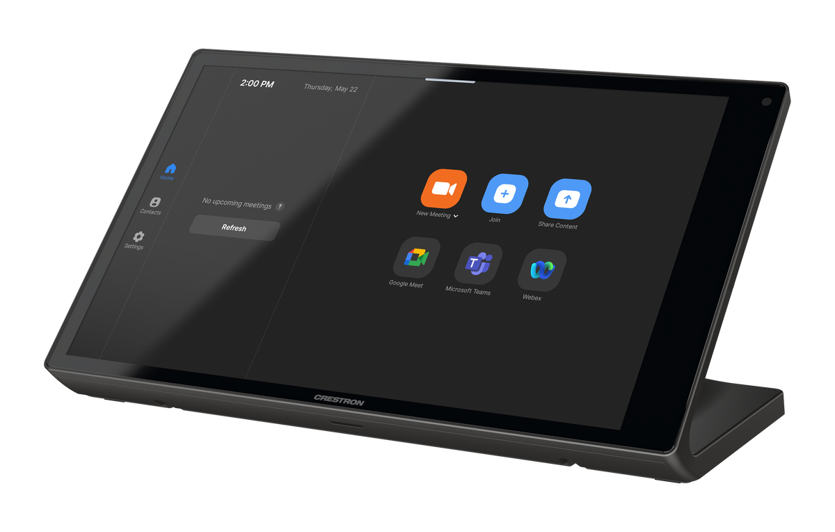 Crestron TS-1080-UC-B tabletop touch screen showing Zoom Rooms interface