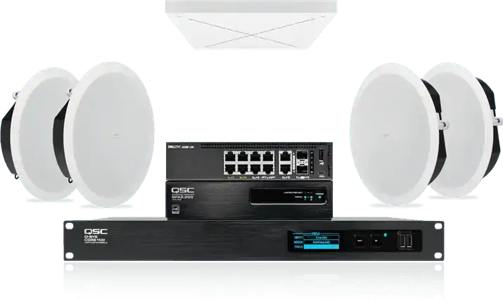 QSC Large meeting room audio: in-ceiling speakers with Sennheiser TeamConnect Ceiling 2 Room Control QSC