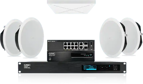 QSC Large meeting room audio: in-ceiling speakers with Sennheiser TeamConnect Ceiling 2 Room Control QSC