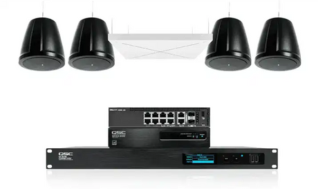QSC Large meeting room audio: pendant speakers with Sennheiser TeamConnect Ceiling 2 Room Control QSC