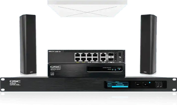 QSC Large meeting room directional audio with Sennheiser TeamConnect Ceiling 2 Room Control QSC