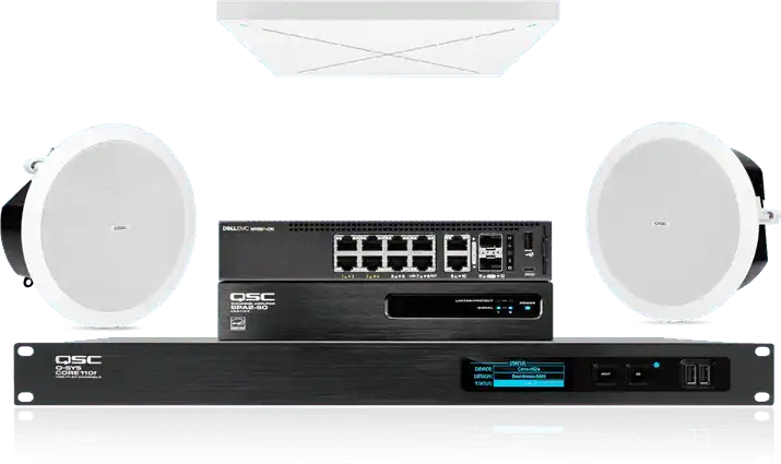 QSC Medium meeting room audio: in-ceiling speakers with Sennheiser TeamConnect Ceiling Room Control QSC