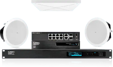 QSC Medium meeting room audio: in-ceiling speakers with Sennheiser TeamConnect Ceiling Room Control QSC