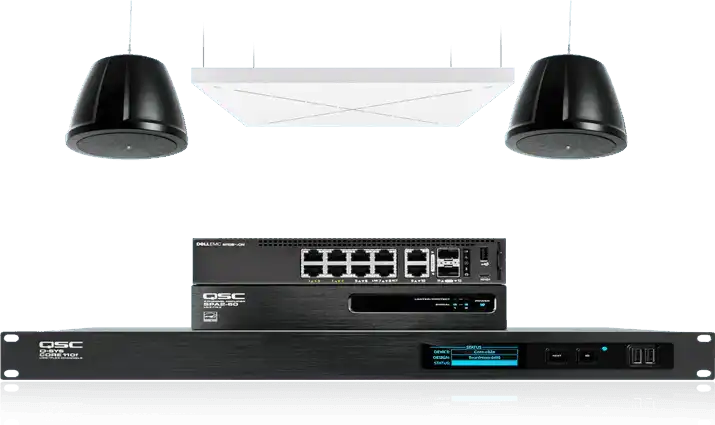 QSC Medium meeting room audio: pendant speakers with Sennheiser TeamConnect Ceiling 2 Room Control QSC