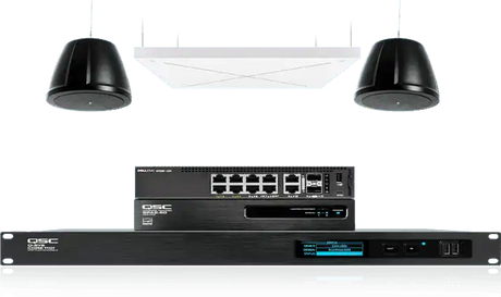 QSC Medium meeting room audio: pendant speakers with Sennheiser TeamConnect Ceiling 2 Room Control QSC