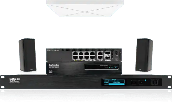 QSC Medium meeting room directional audio with Sennheiser TeamConnect Ceiling 2 Room Control QSC