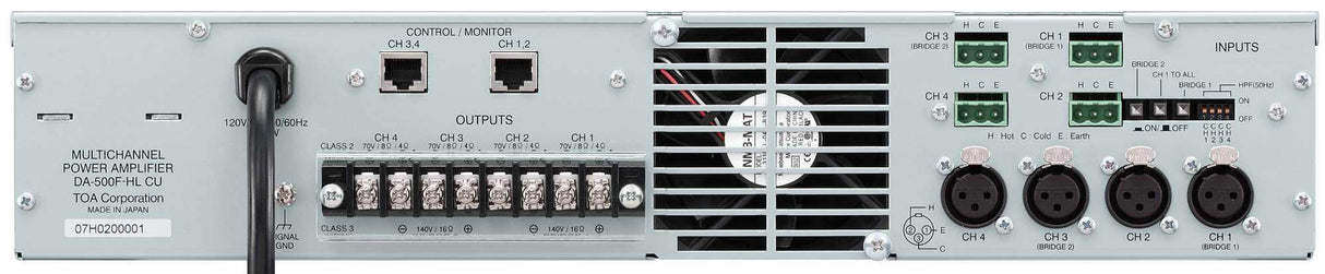 TOA Electronics 4-Channel Digital Amplifier (500W Per Channel, 70V) - DA-500F-HLCU Audio Amplifiers TOA